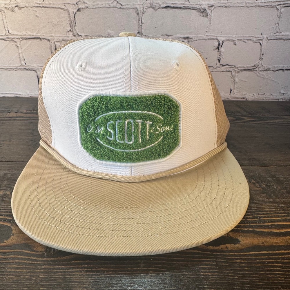 OM Scott & Sons Trucker Hat White Tan Chenille Patch Snapback Mesh Cap New